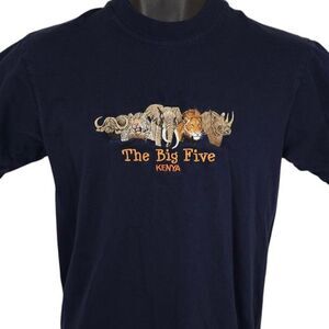 Vintage Kenya T Shirt Mens Size Medium Blue 90s Elephant Lion Rhino Leopard Oxen